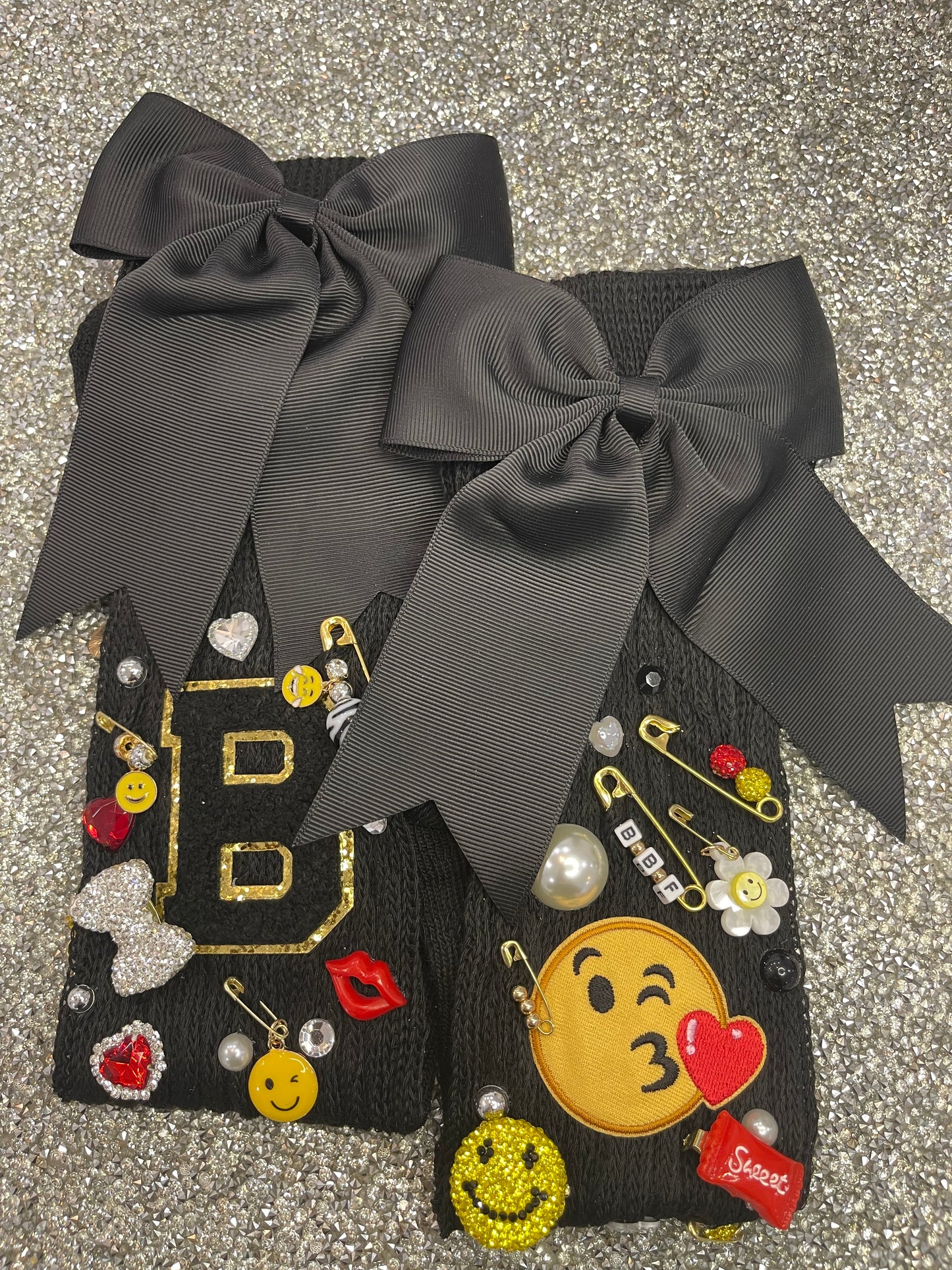 Black Bow Letter B Embellished Long Slouch Socks