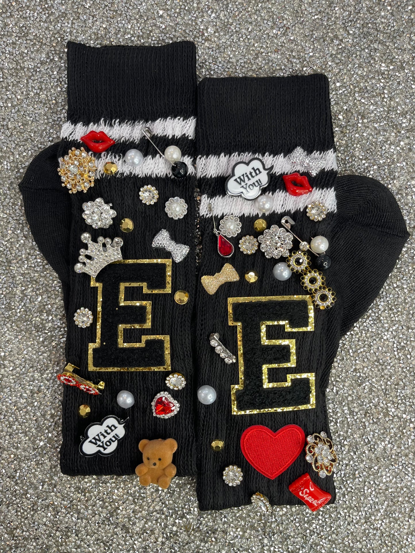 Black Letter E Embellished Long Slouch Socks