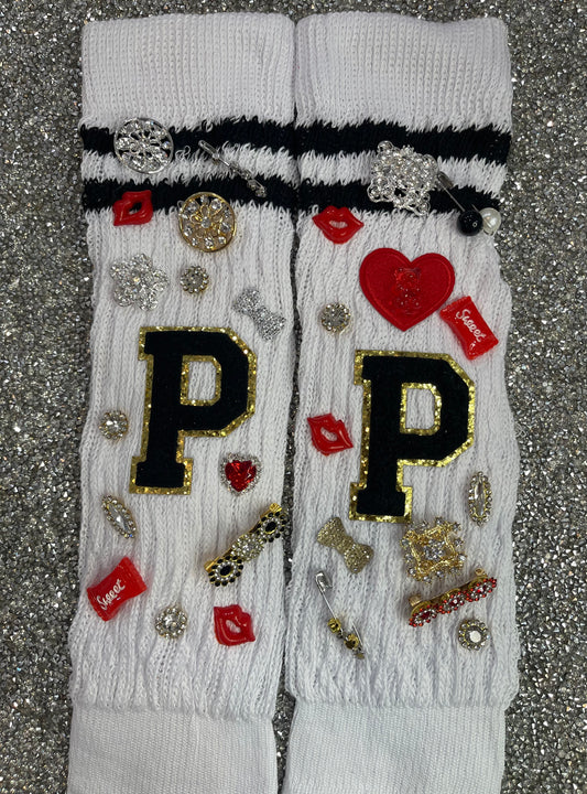 Black Letter P Embellished Long White Slouch Socks