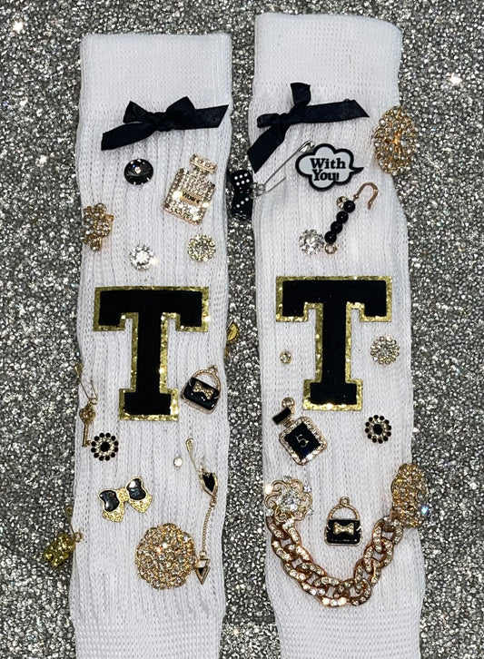 Black Letter T Embellished White Long Slouch Socks