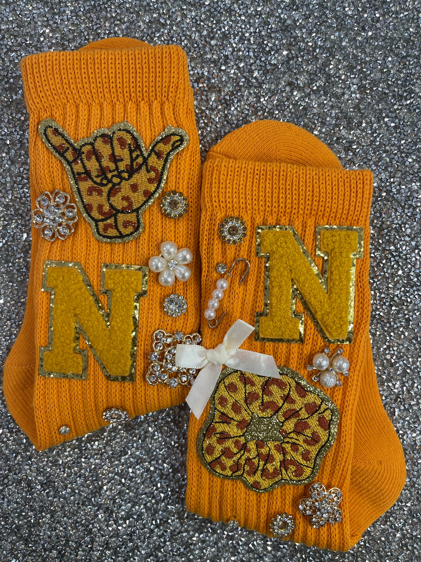 Bright Orange Letter N Embellished Slouch Sock