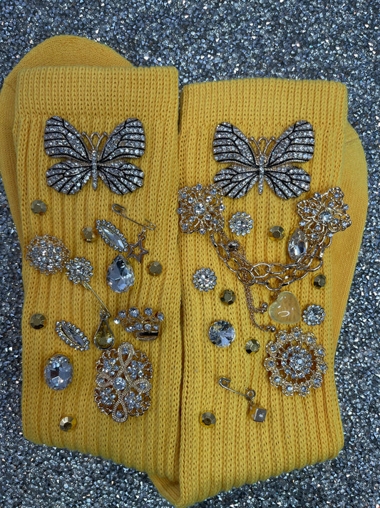 Butterfly Embellished Yellow Slouch Socks