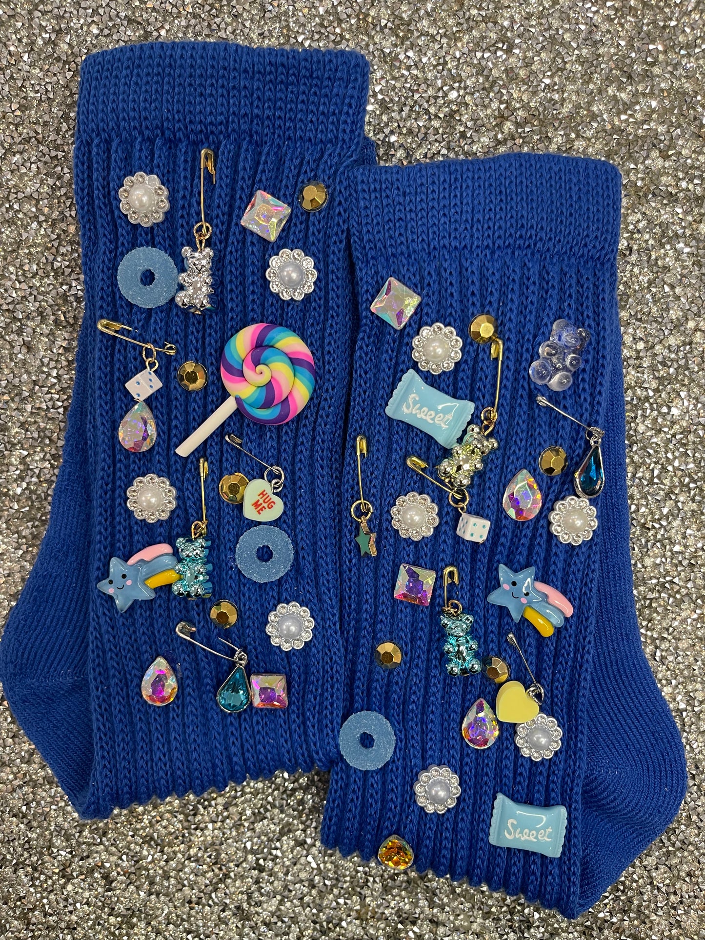 Candy Embellished Blue Slouch Socks