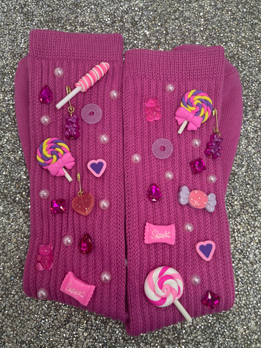 Candy Embellished Pink Slouch Socks