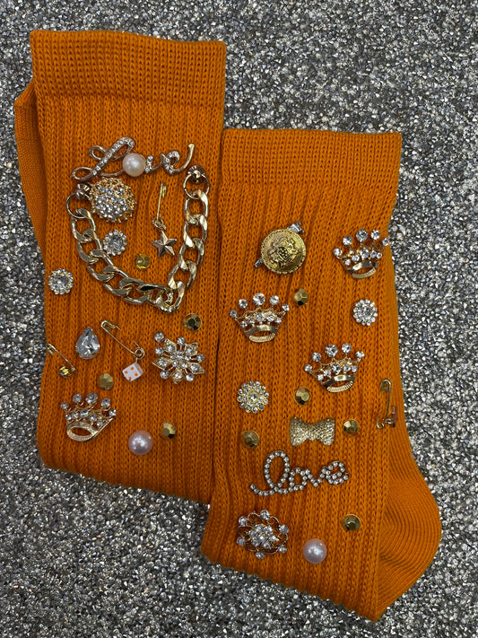 Crown Embellished Orange Slouch Socks