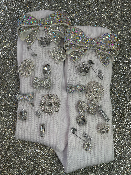 Diamond Bow Embellished Long White Slouch Socks