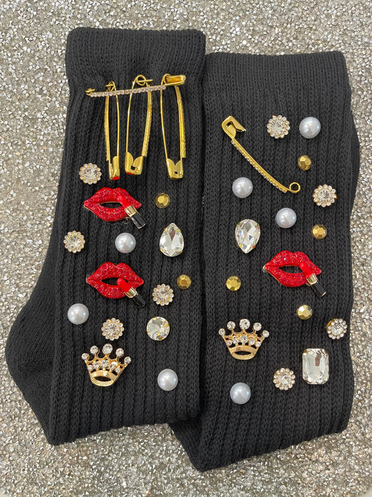 Diamond Lip Embellished Black Slouch Socks