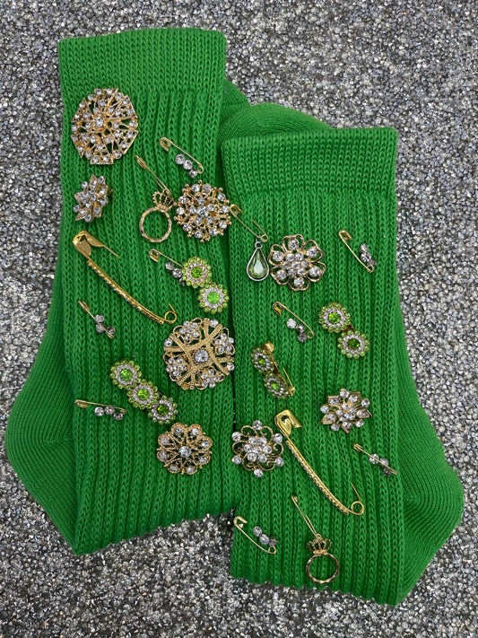 Gold Brooch Embellished Bright Green Slouch Socks