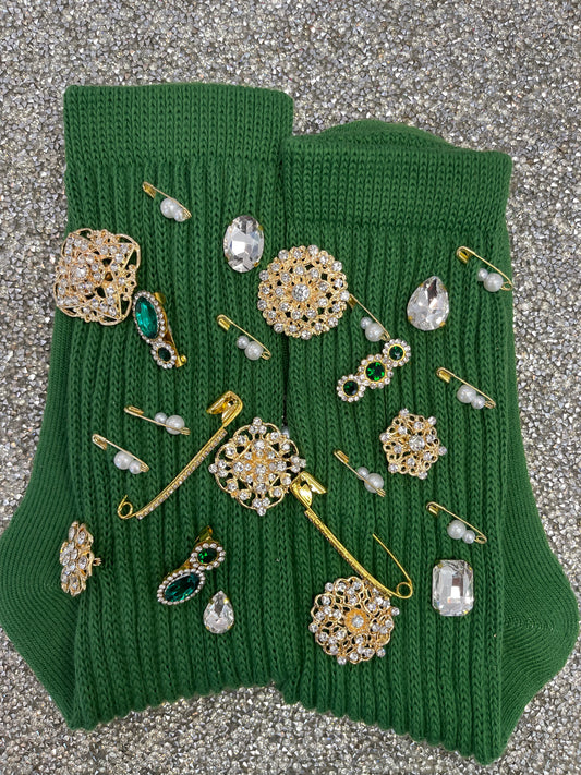 Gold Brooch Embellished Green Slouch Socks