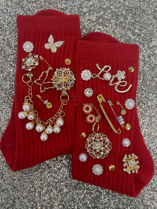 Gold Brooch Embellished Red Slouch Socks