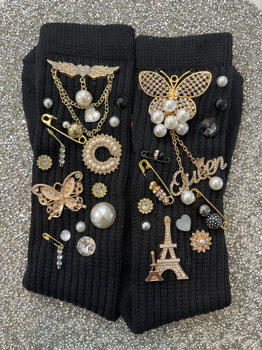 Gold Embellished Black Slouch Socks