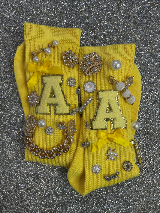 Letter A Embellished Yellow Slouch Socks