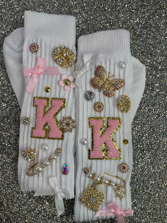 Light Pink Letter K Embellished Long White Slouch Socks