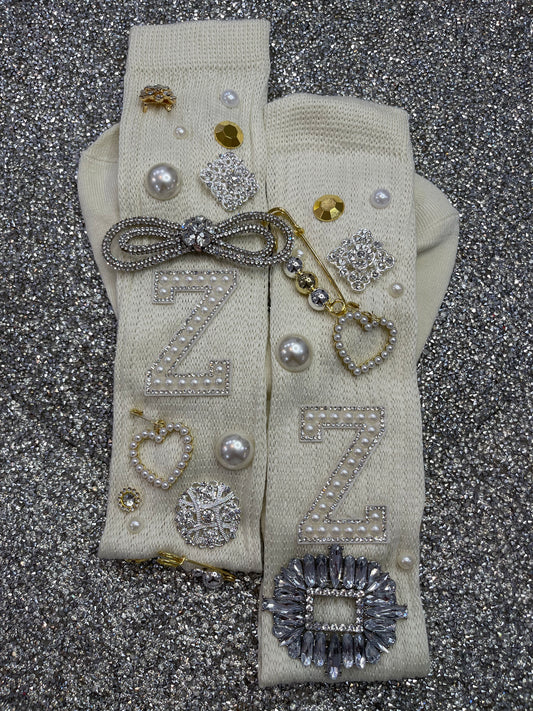 Pearl Letter Z Embellished Long Tan Slouch Socks