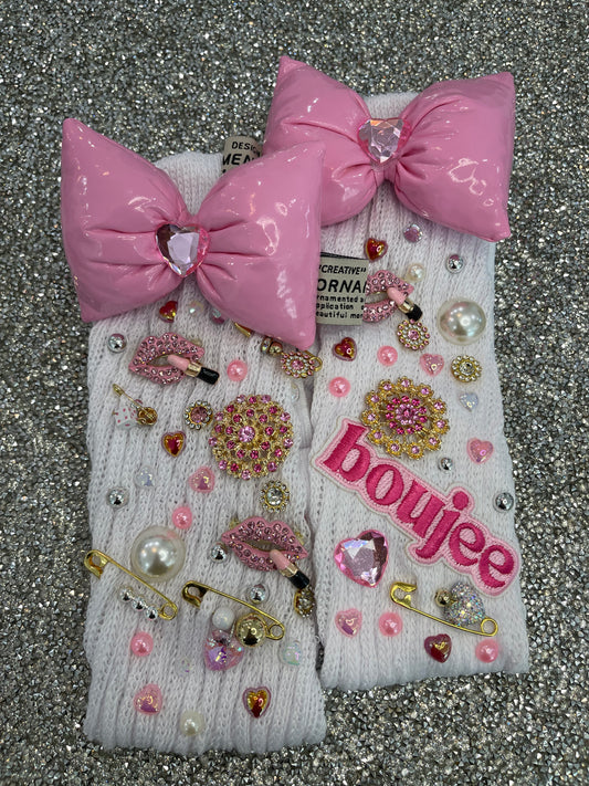 Pink Bow Embellished Long White Slouch Socks