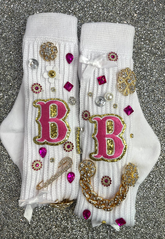 Pink Letter B Embellished Long White Slouch Socks