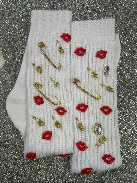 Red Lip Long White Slouch Socks