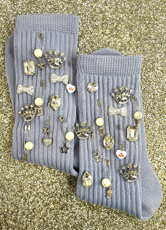 Silver Embellished Light Blue Slouch Socks