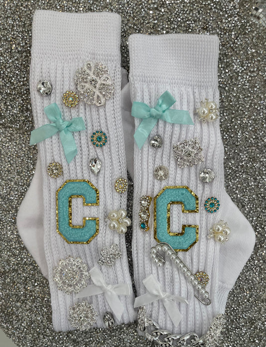 Teal Letter C Embellished Long White Slouch Socks