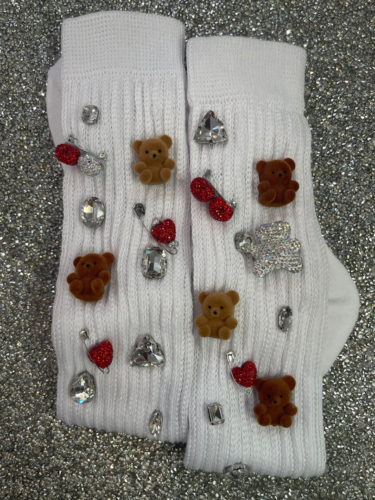 Teddy Bear Embellished Long White Slouch Socks